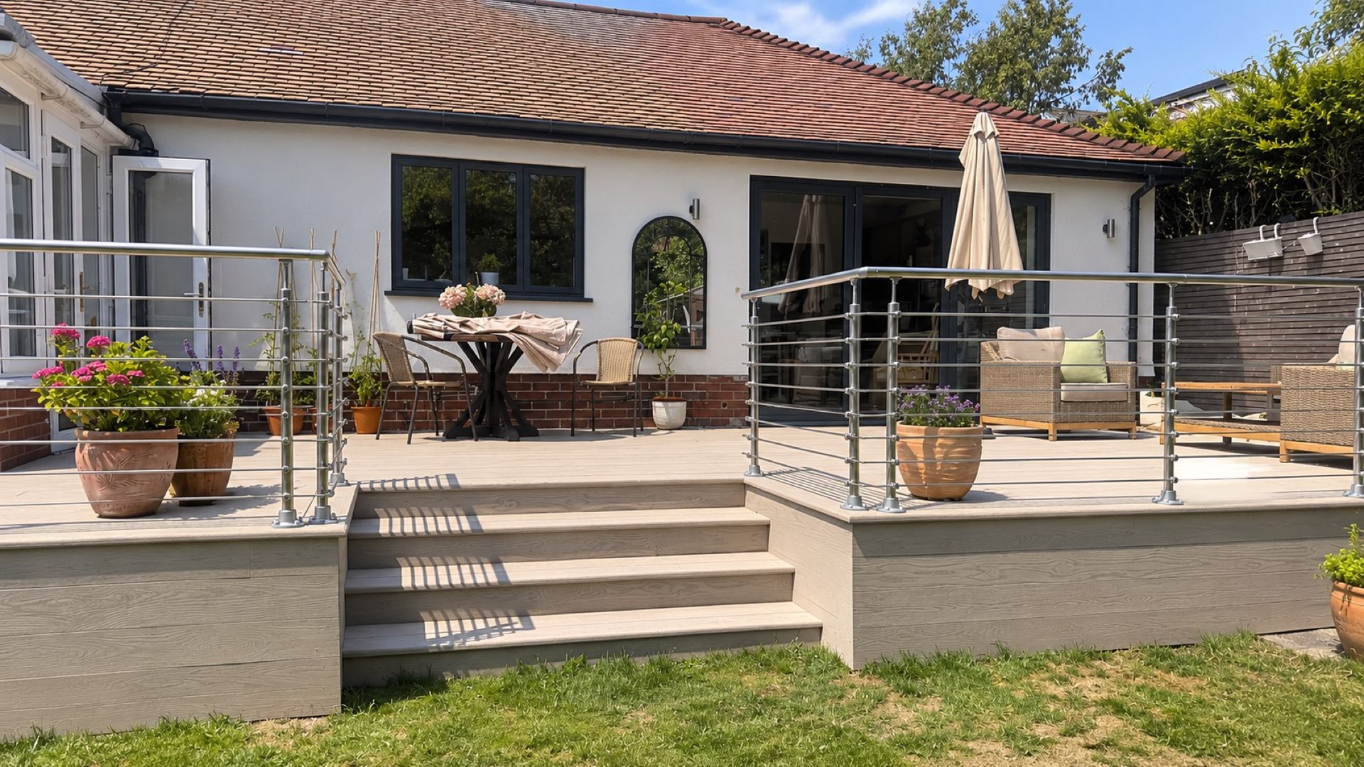 Raised composite deck with a stainless steel balustrade